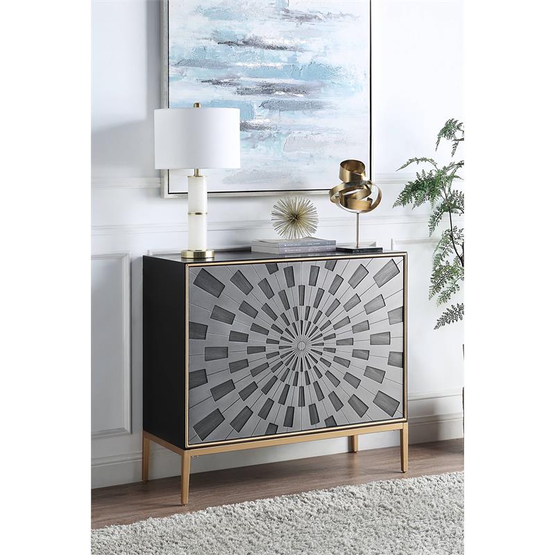 ACME Quilla Wooden Console Table with Metal Legs in Gray and Brass