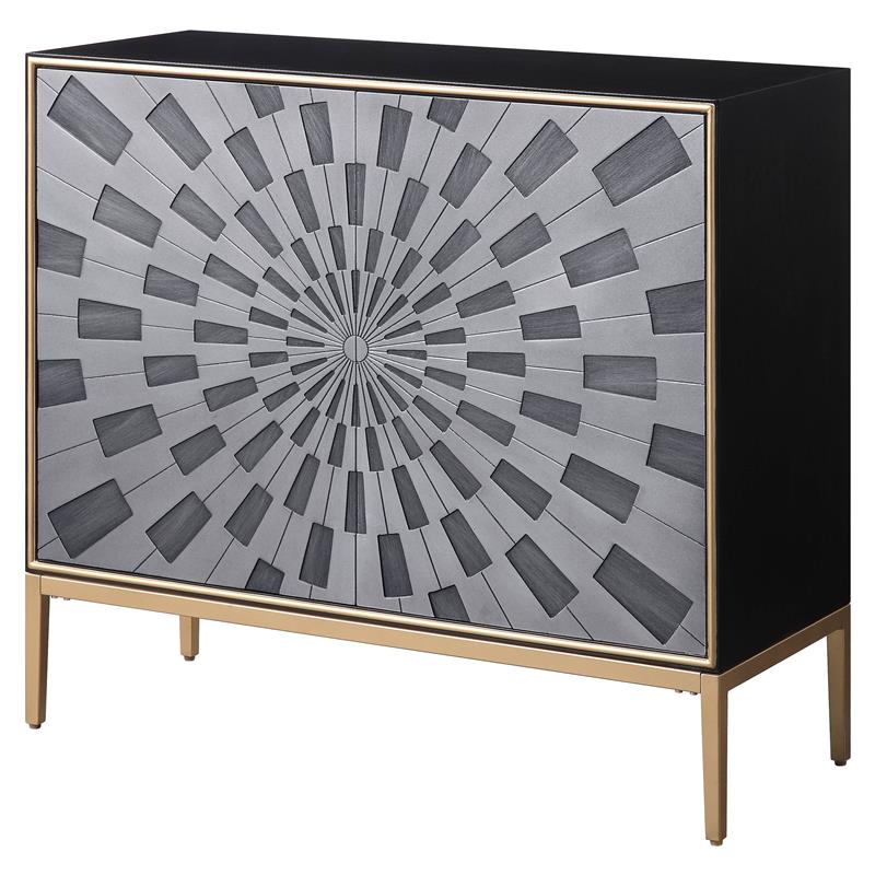 ACME Quilla Wooden Console Table with Metal Legs in Gray and Brass