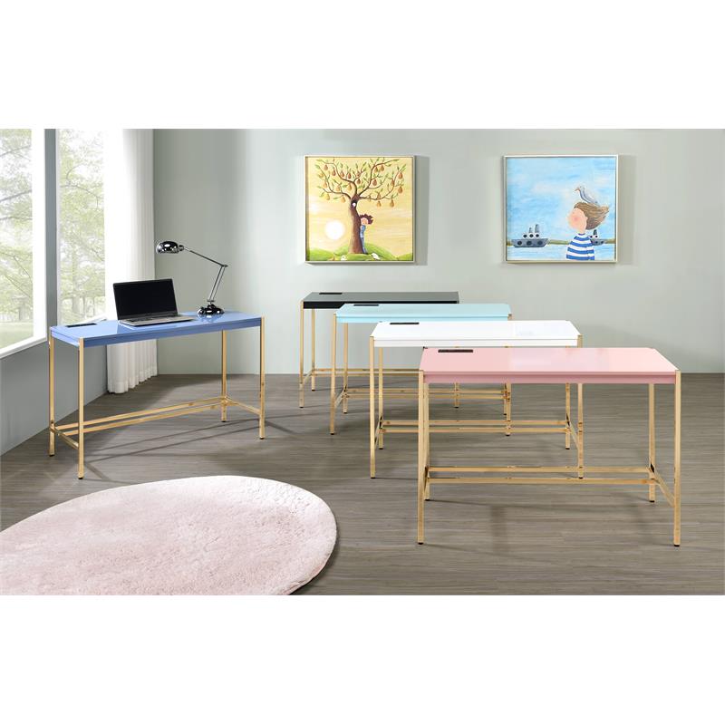 ACME Midriaks Wooden Top Writing Desk with USB Port in Navy Blue and Gold