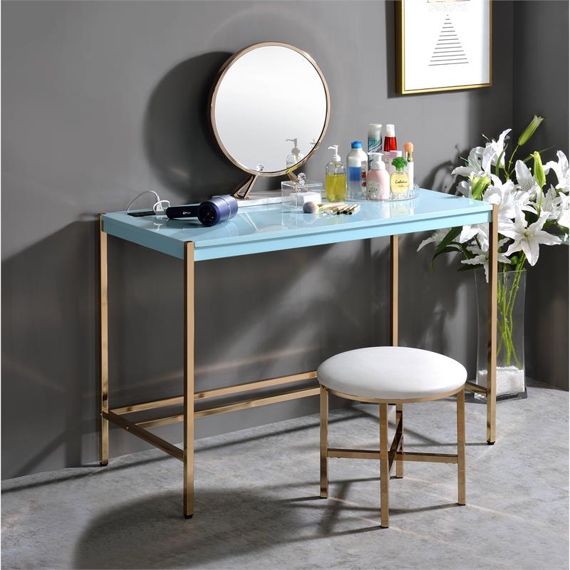 ACME Midriaks Wooden Top Writing Desk with USB Port in Baby Blue and Gold