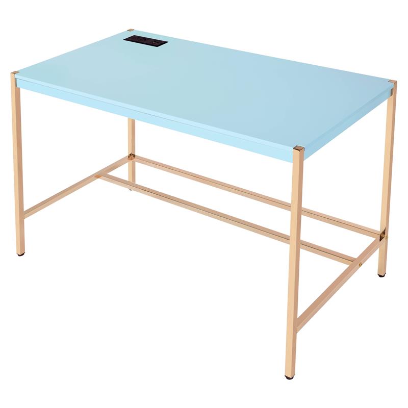 ACME Midriaks Wooden Top Writing Desk with USB Port in Baby Blue and Gold
