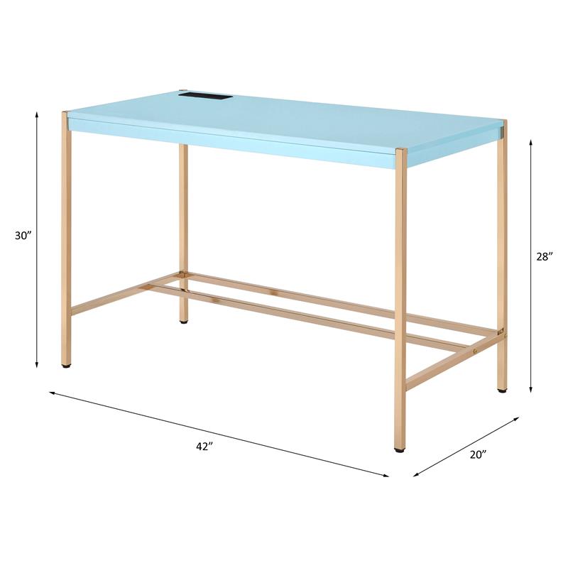 ACME Midriaks Wooden Top Writing Desk with USB Port in Baby Blue and Gold