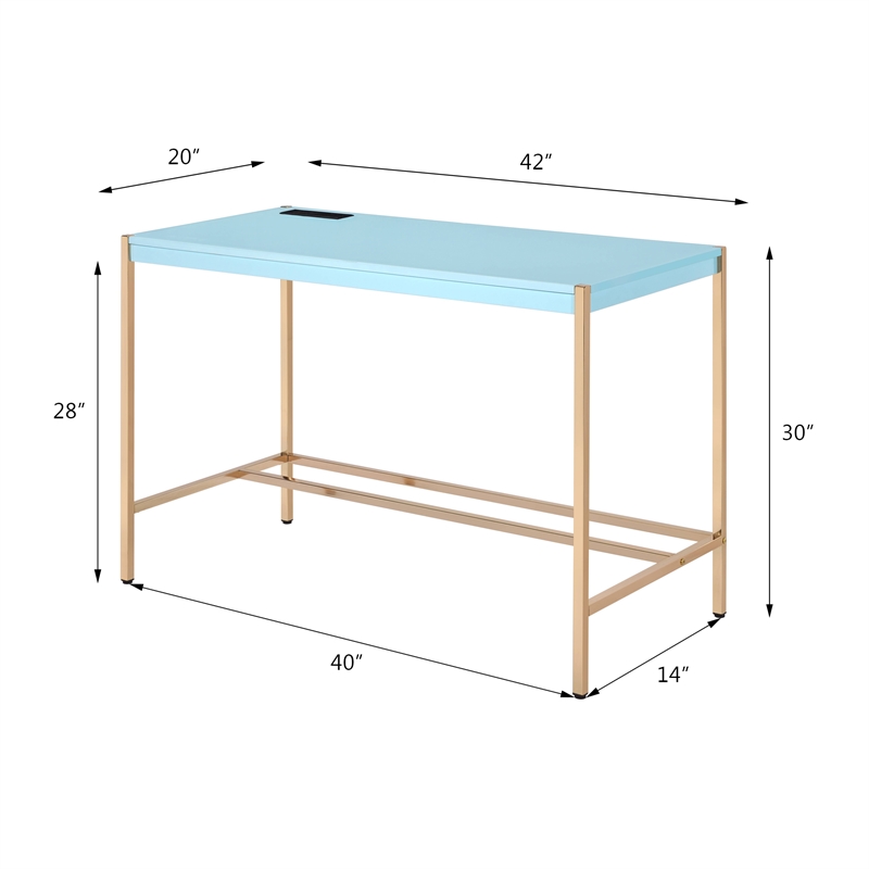 ACME Midriaks Wooden Top Writing Desk with USB Port in Baby Blue and Gold