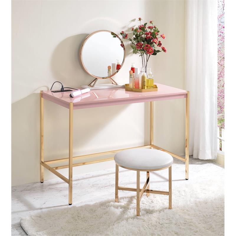 ACME Midriaks Wooden Top Writing Desk with USB Port in Pink and Gold