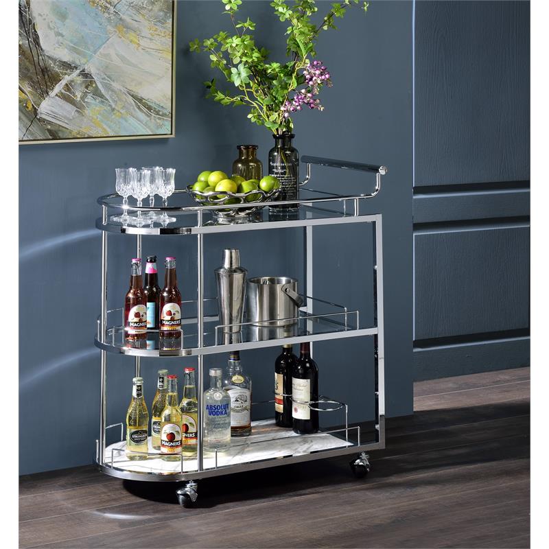 ACME Inyo Metal Frame Serving Cart with Shelf in Clear and Chrome
