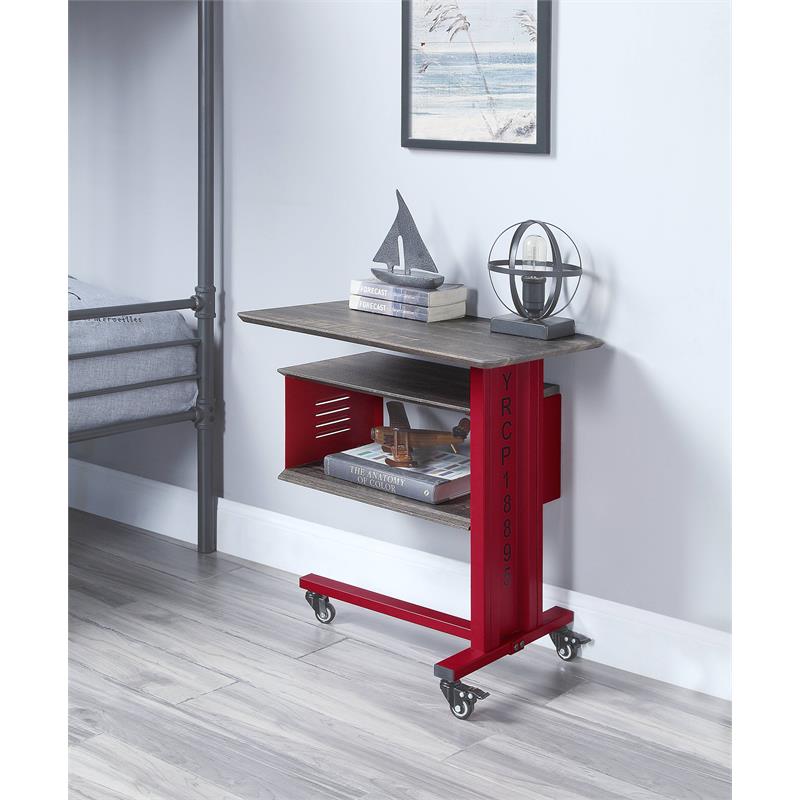 ACME Cargo Metal Base Accent Table with Wall Shelf and Caster Wheels in Red