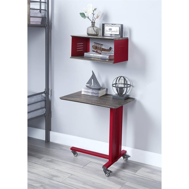 ACME Cargo Metal Base Accent Table with Wall Shelf and Caster Wheels in Red