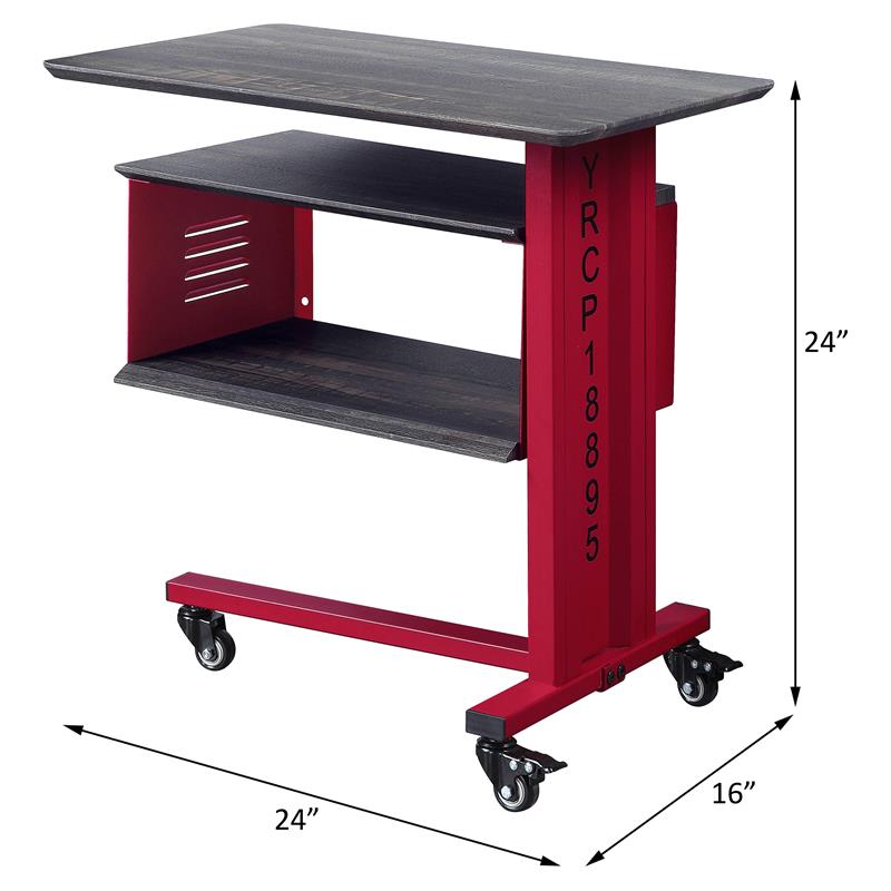 ACME Cargo Metal Base Accent Table with Wall Shelf and Caster Wheels in Red