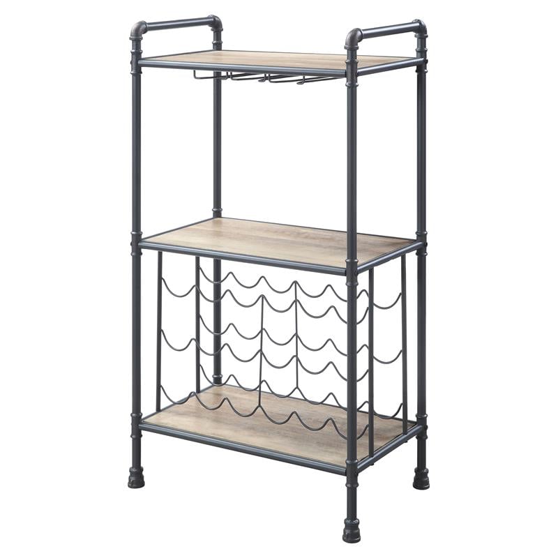 ACME Brantley Metal Wine Rack with Wooden Shelves in Antique Oak and Sandy Gray