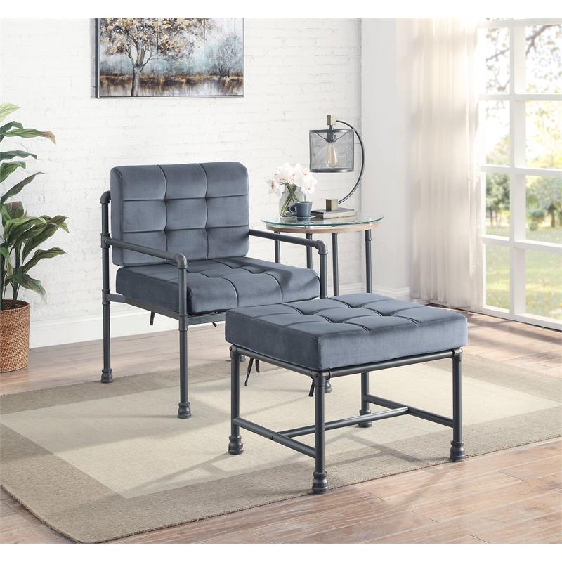 ACME Brantley Tufted Velvet Upholstered Chair with Pillow in Gray and Sandy Gray