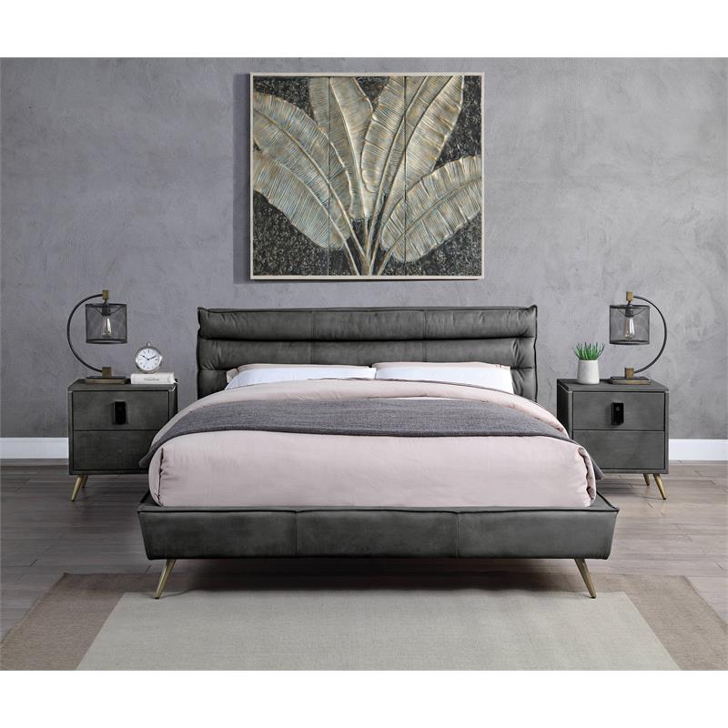 ACME Doris Top Grain Leather Upholstered Queen Bed with Tufted Headboard in Gray