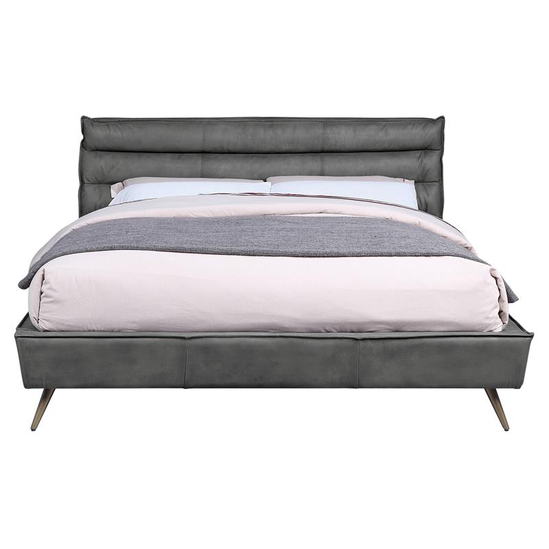 ACME Doris Top Grain Leather Upholstered Queen Bed with Tufted Headboard in Gray