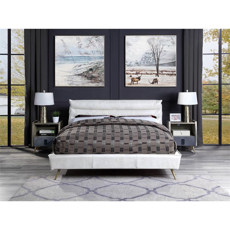 ACME Doris Top Grain Leather Upholstered Queen Bed in Vintage White