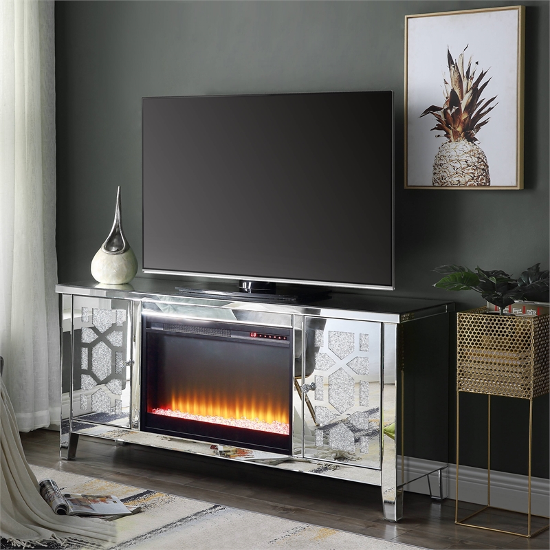 ACME Noralie TV Stand with Fireplace in Mirrored & Faux Diamonds