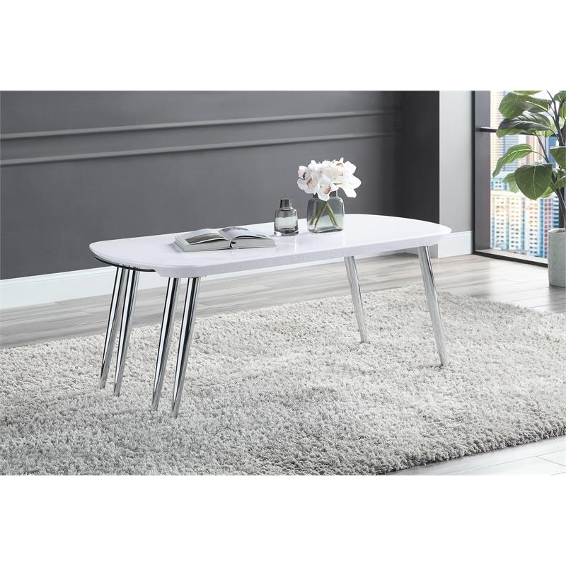 acme patina wood coffee table with pull-out top in white and chrome