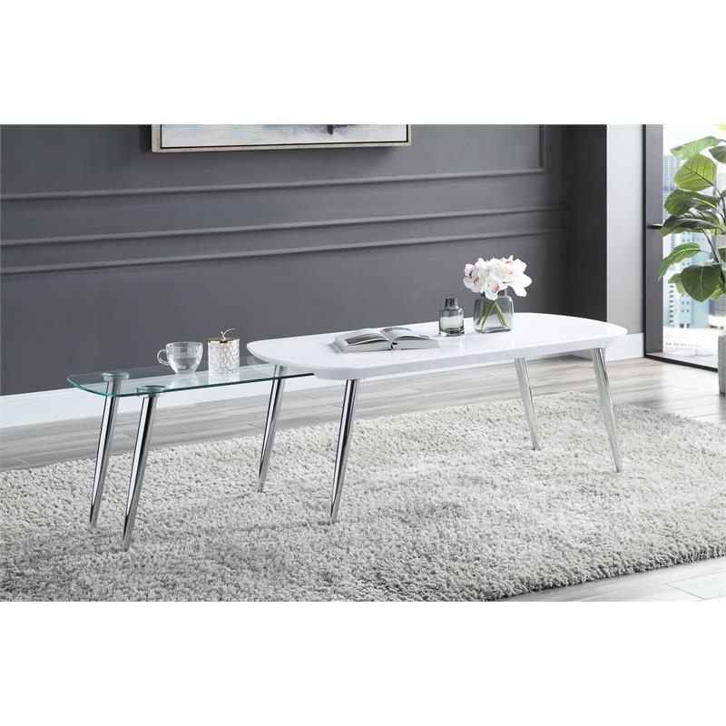 acme patina wood coffee table with pull-out top in white and chrome