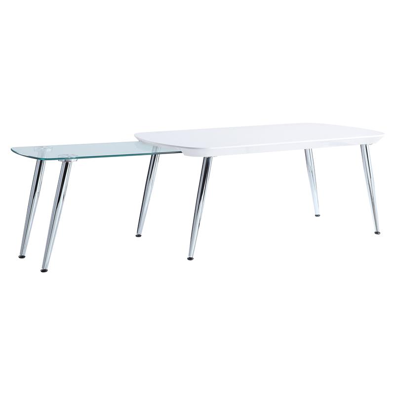 acme patina wood coffee table with pull-out top in white and chrome