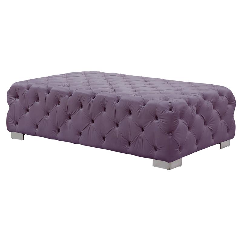 ACME Qokmis Button Tufted Velvet Upholstered Rectangular Ottoman in Purple