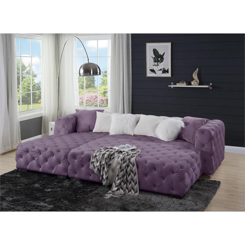 ACME Qokmis Button Tufted Velvet Upholstered Rectangular Ottoman in Purple