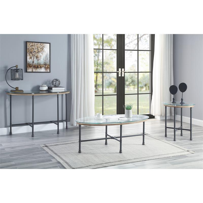 ACME Brantley Pipe Style Glass Top Sofa Table in Clear and Sandy Gray