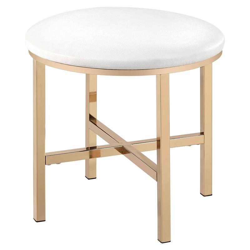ACME Midriaks Metal Round Mirror and Faux Leather Stool in White and Gold