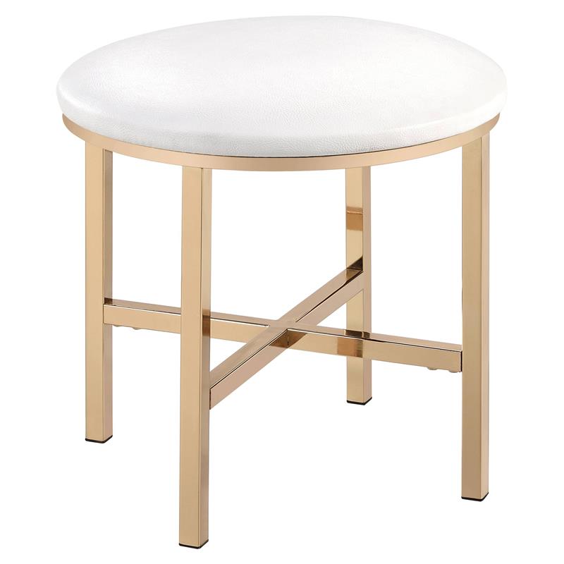 ACME Midriaks Metal Round Mirror and Faux Leather Stool in White and Gold