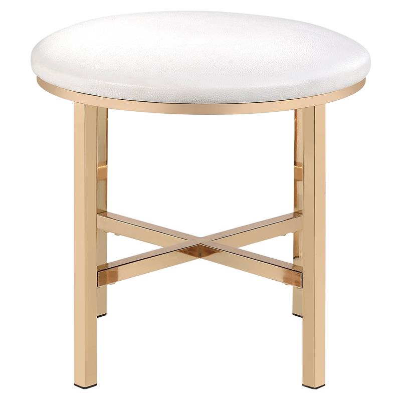 ACME Midriaks Metal Round Mirror and Faux Leather Stool in White and Gold