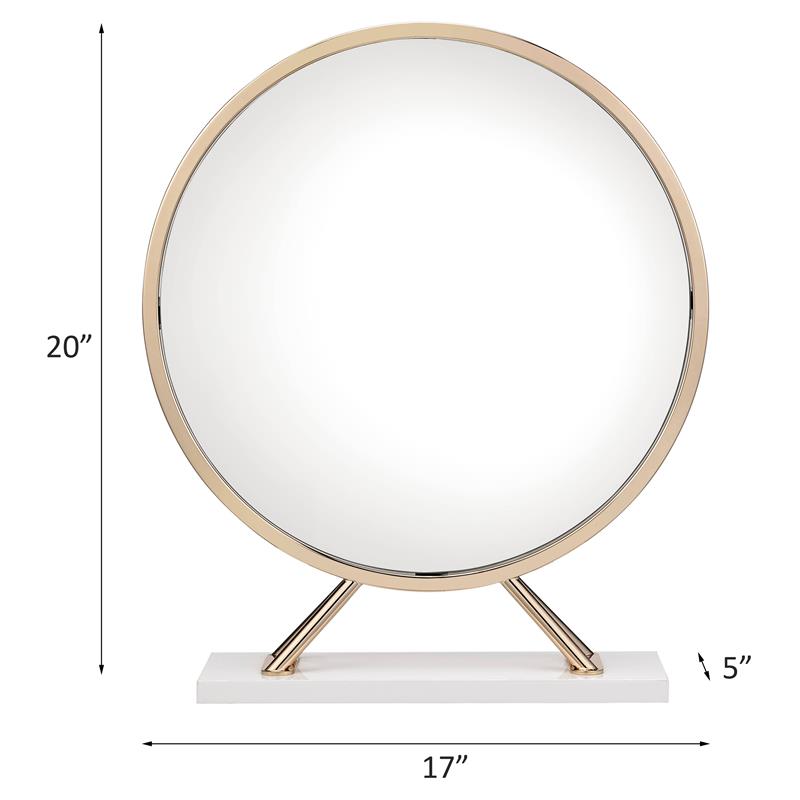 ACME Midriaks Metal Round Mirror and Faux Leather Stool in White and Gold