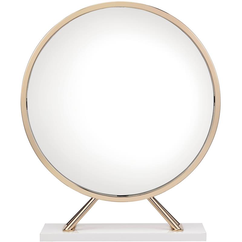 ACME Midriaks Metal Round Mirror and Faux Leather Stool in White and Gold