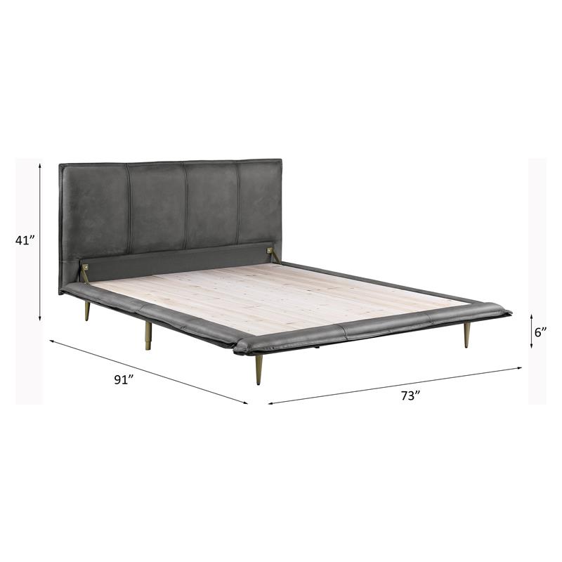 ACME Metis Top Grain Leather Upholstered Queen Bed with Metal Legs in Gray