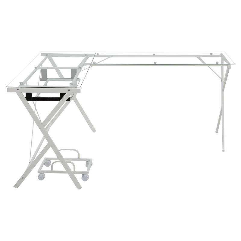 ACME Demas Glass Top L-Shaped Computer Desk with Holder in Clear and White