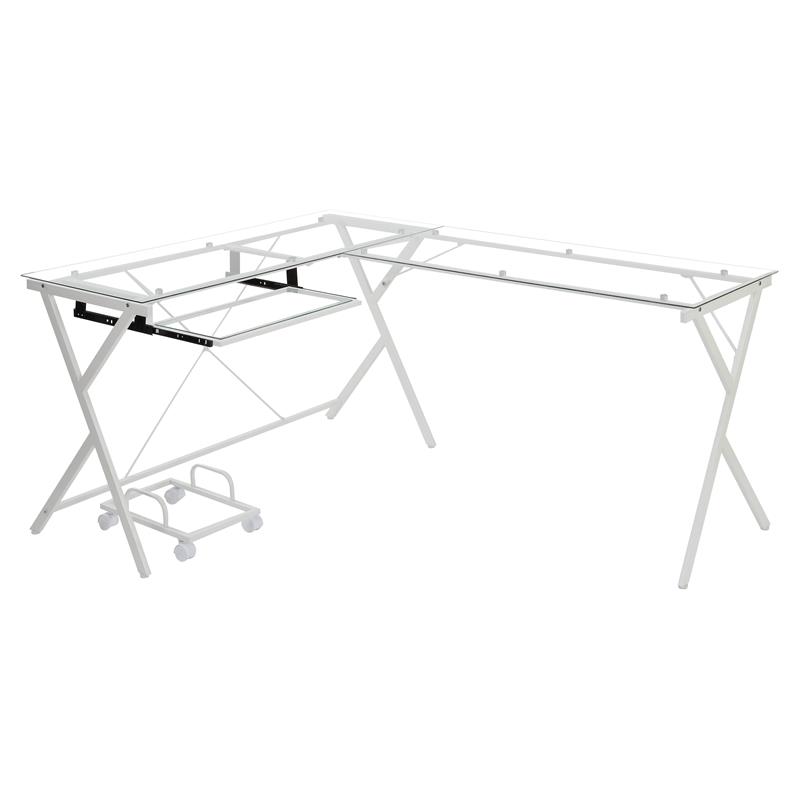 ACME Demas Glass Top L-Shaped Computer Desk with Holder in Clear and White