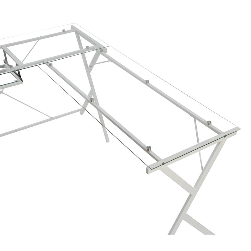 ACME Demas Glass Top L-Shaped Computer Desk with Holder in Clear and White