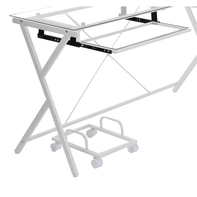 ACME Demas Glass Top L-Shaped Computer Desk with Holder in Clear and White