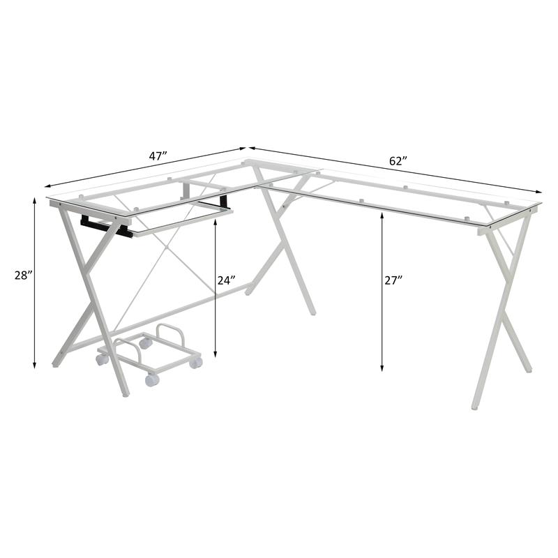 ACME Demas Glass Top L-Shaped Computer Desk with Holder in Clear and White