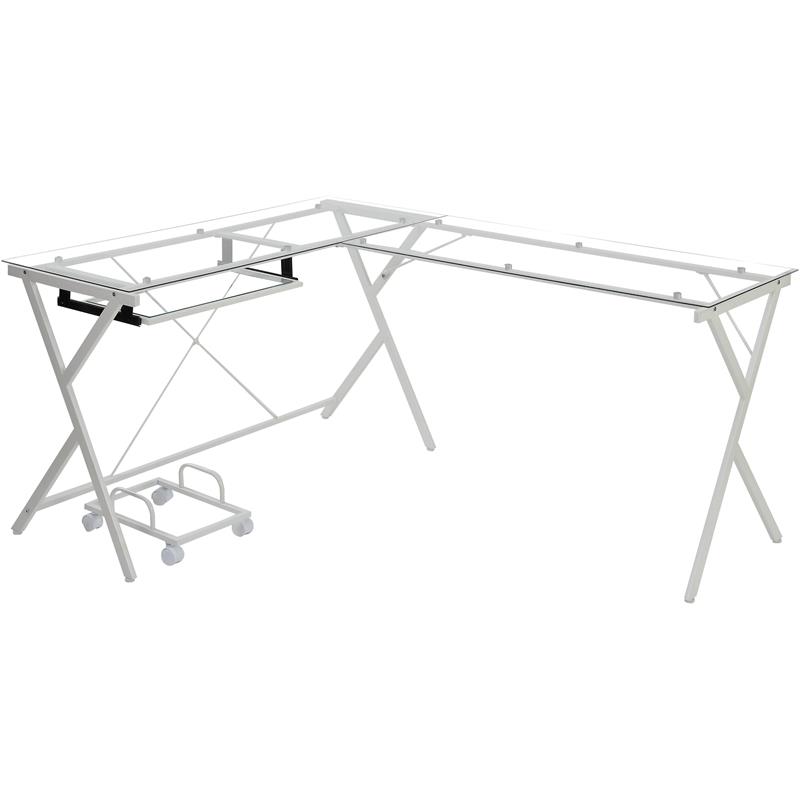 ACME Demas Glass Top L-Shaped Computer Desk with Holder in Clear and White