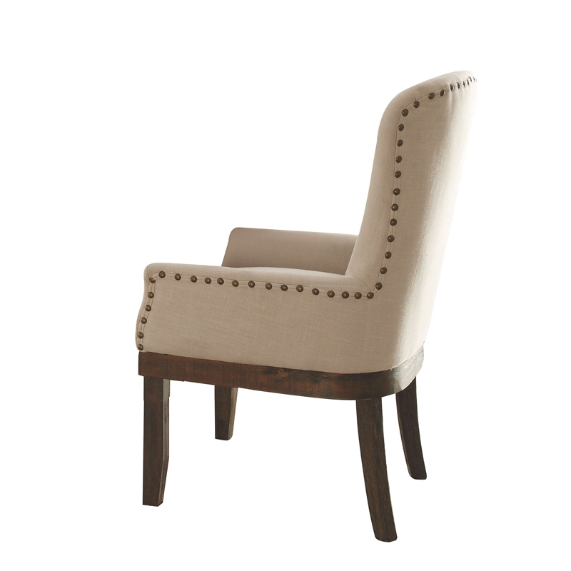 ACME Landon Linen Arm Chair with Nail-head Trim in Beige and Salvage Brown
