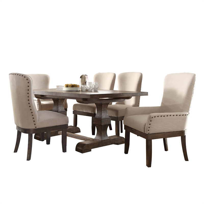 ACME Landon Linen Arm Chair with Nail-head Trim in Beige and Salvage Brown