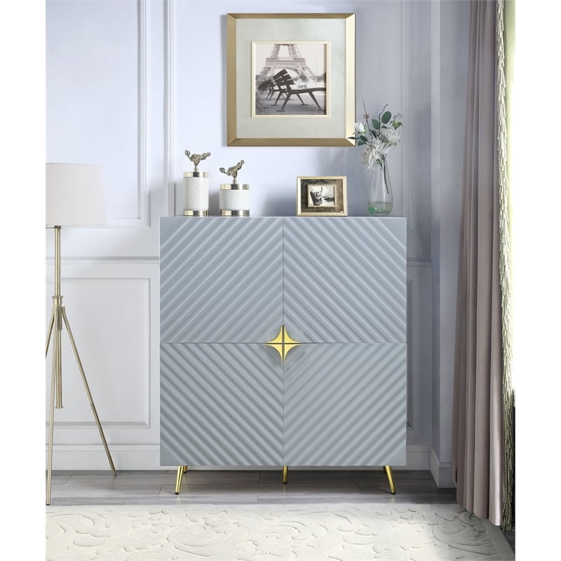 ACME Gaines 2-Door Accent Cabinet with Metal Legs in Gray High Gloss
