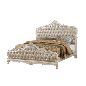 ACME Chantelle Eastern King Tufted Faux Leather Bed in Rose Gold and Pearl White