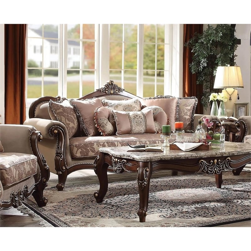 ACME Mehadi Velvet Upholstered Sofa with 8 Pillows in Walnut