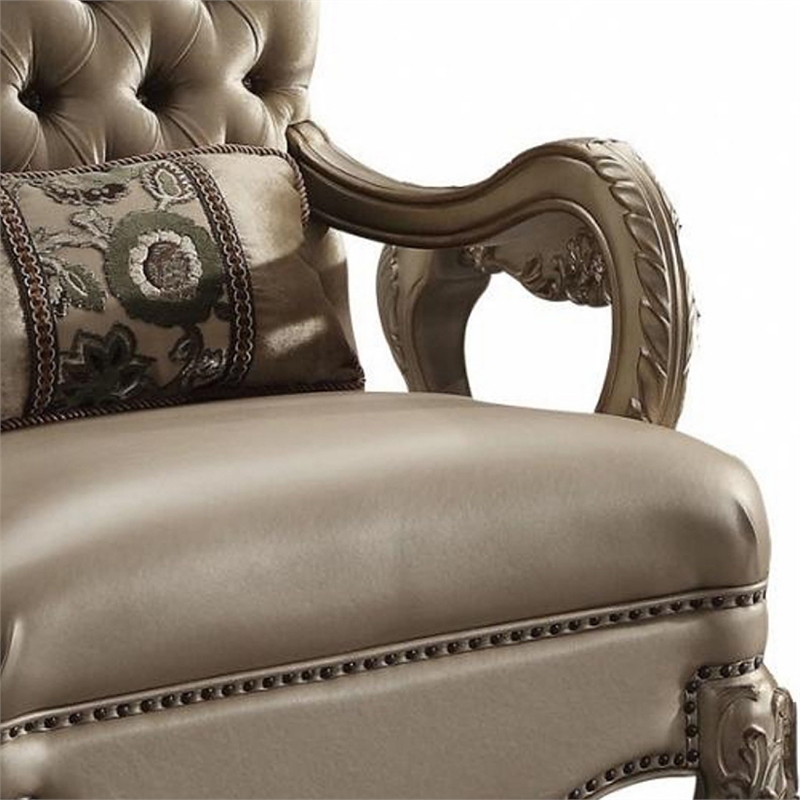 ACME Dresden Tufted Chair with 1 Pillow in Bone Velvet and Gold Patina