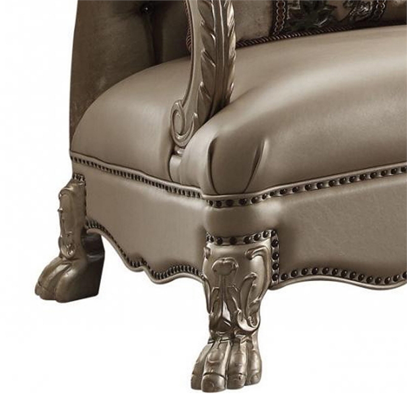 ACME Dresden Tufted Chair with 1 Pillow in Bone Velvet and Gold Patina