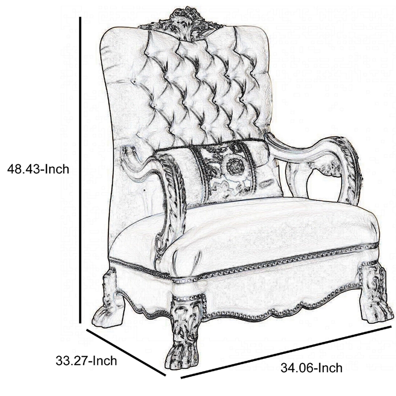 ACME Dresden Tufted Chair with 1 Pillow in Bone Velvet and Gold Patina
