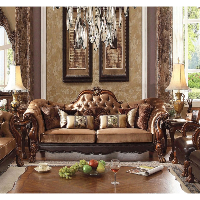 ACME Dresden  Loveseat in Golden Brown Velvet & Cherry Oak