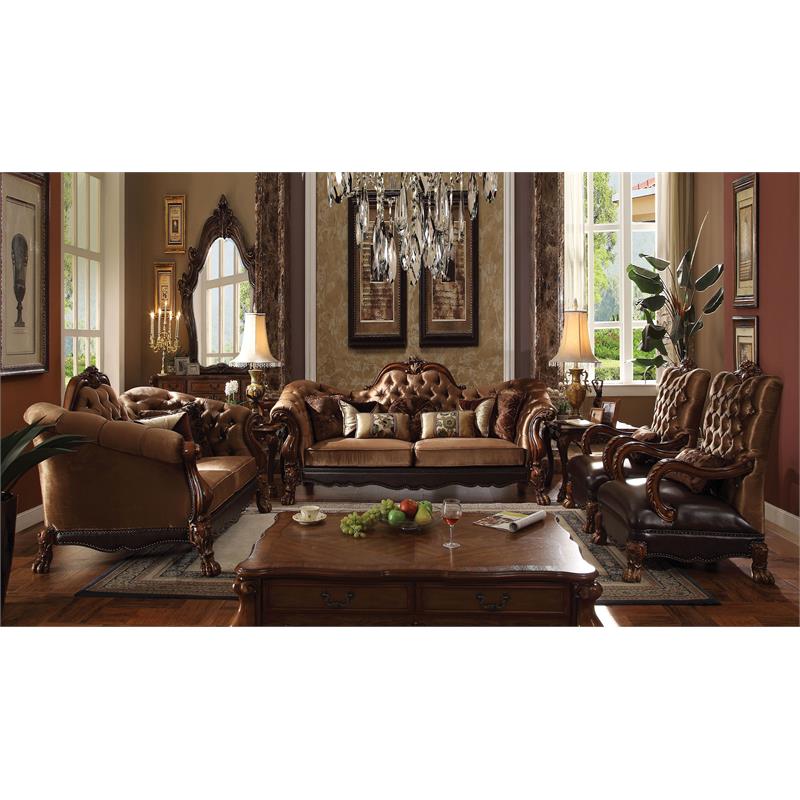 ACME Dresden  Loveseat in Golden Brown Velvet & Cherry Oak