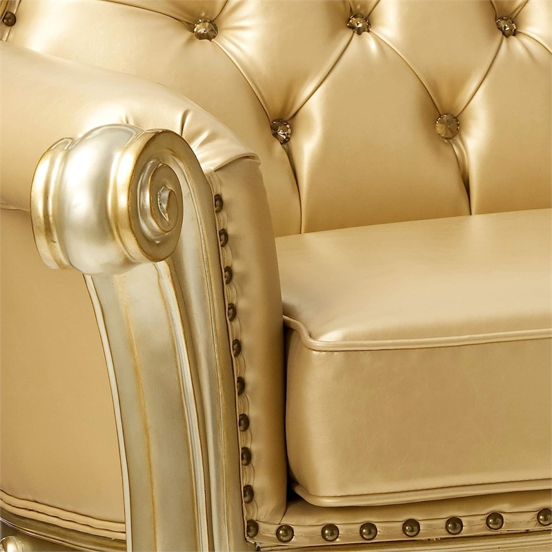 ACME Vendome Faux Leather Tufted Loveseat with 3 Pillows in Bone and Gold Patina