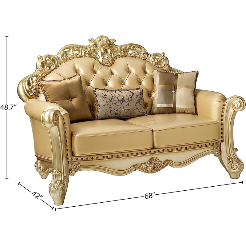 ACME Vendome Faux Leather Tufted Loveseat with 3 Pillows in Bone and Gold Patina
