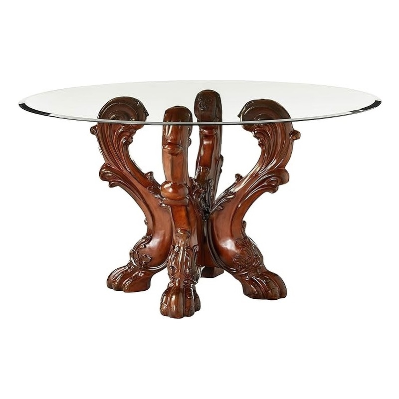 ACME Dresden Dining Table with Single Pedestal in Cherry Oak and Clear Glass
