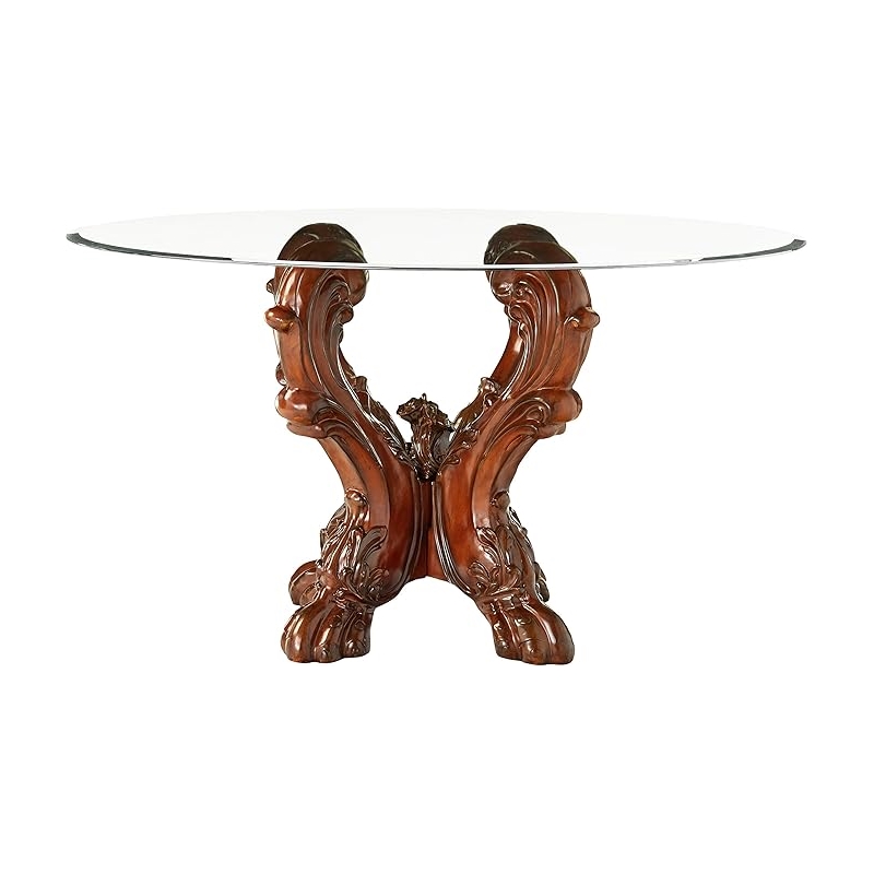 ACME Dresden Dining Table with Single Pedestal in Cherry Oak and Clear Glass
